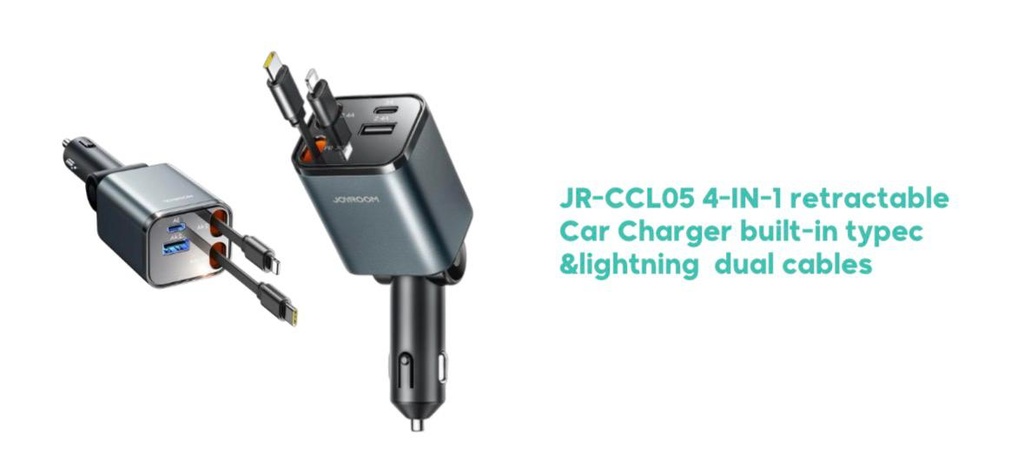 JOYROOM JR-CCL05 4-in-1 Retractable Car Charger with Built-in USB-C & Lightning Cables